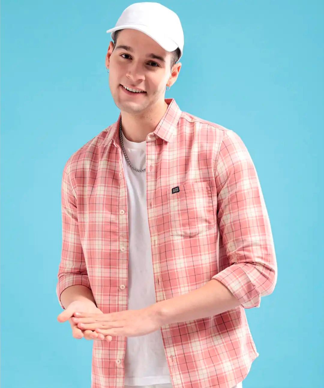 Men Coral Pink & Off-White Cotton Smart Fit Checked Casual Shirt