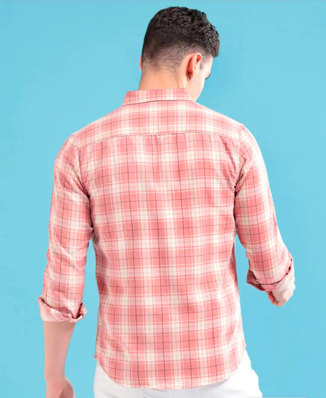 Men Coral Pink & Off-White Cotton Smart Fit Checked Casual Shirt